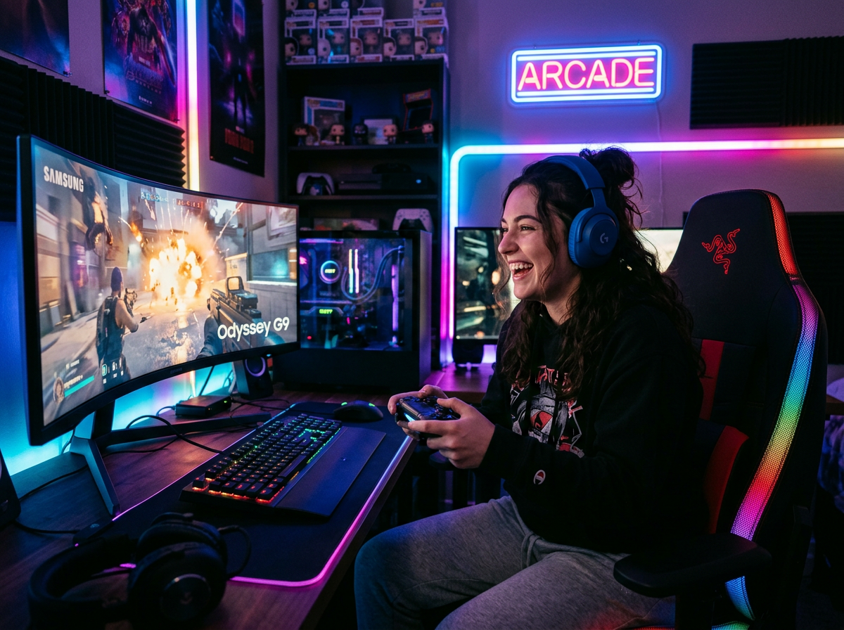 Oyun konsoluyla oyun oynayan mutlu gamer